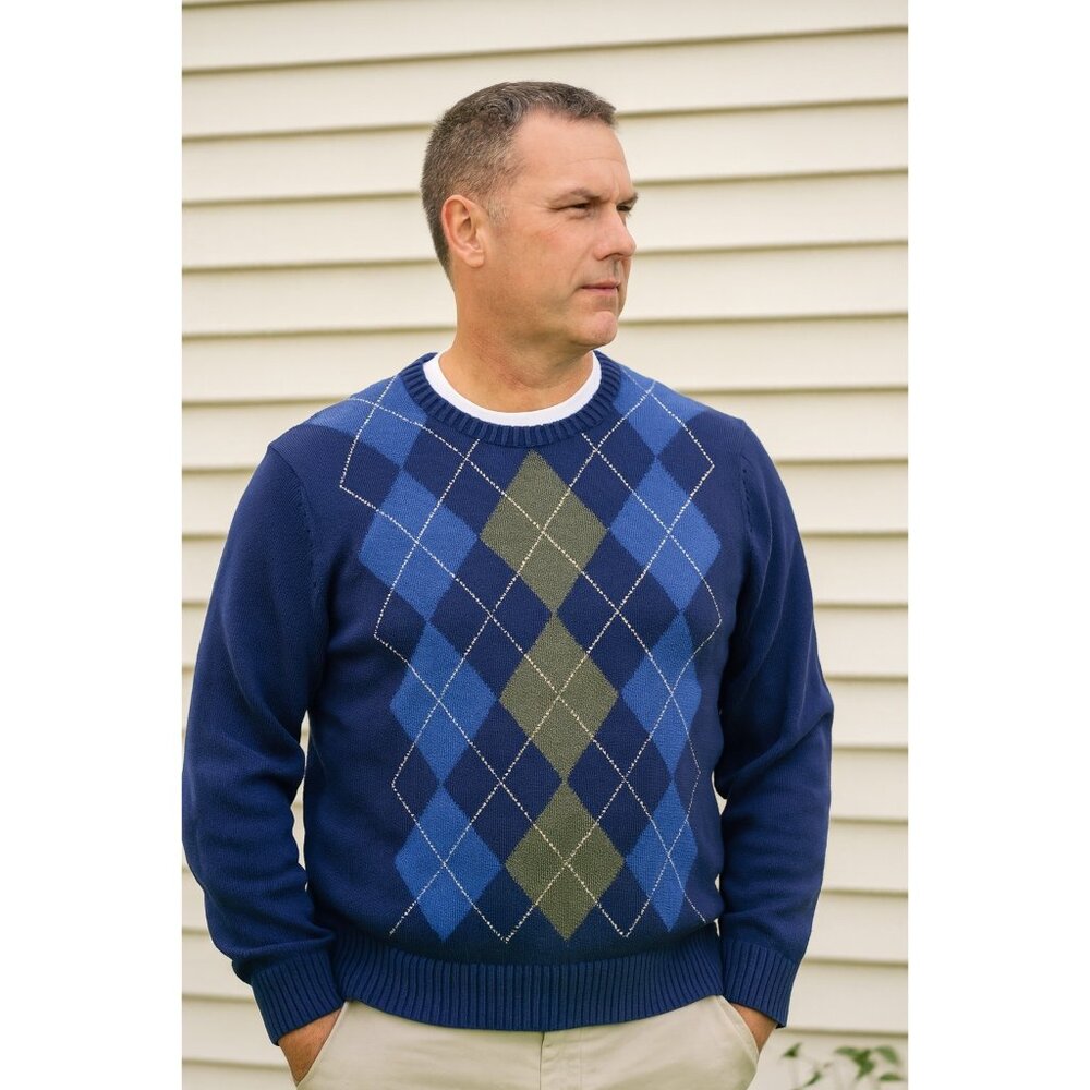 Land’s End Men’s Navy Blue Argyle Crewneck Cotton Sweater XXL